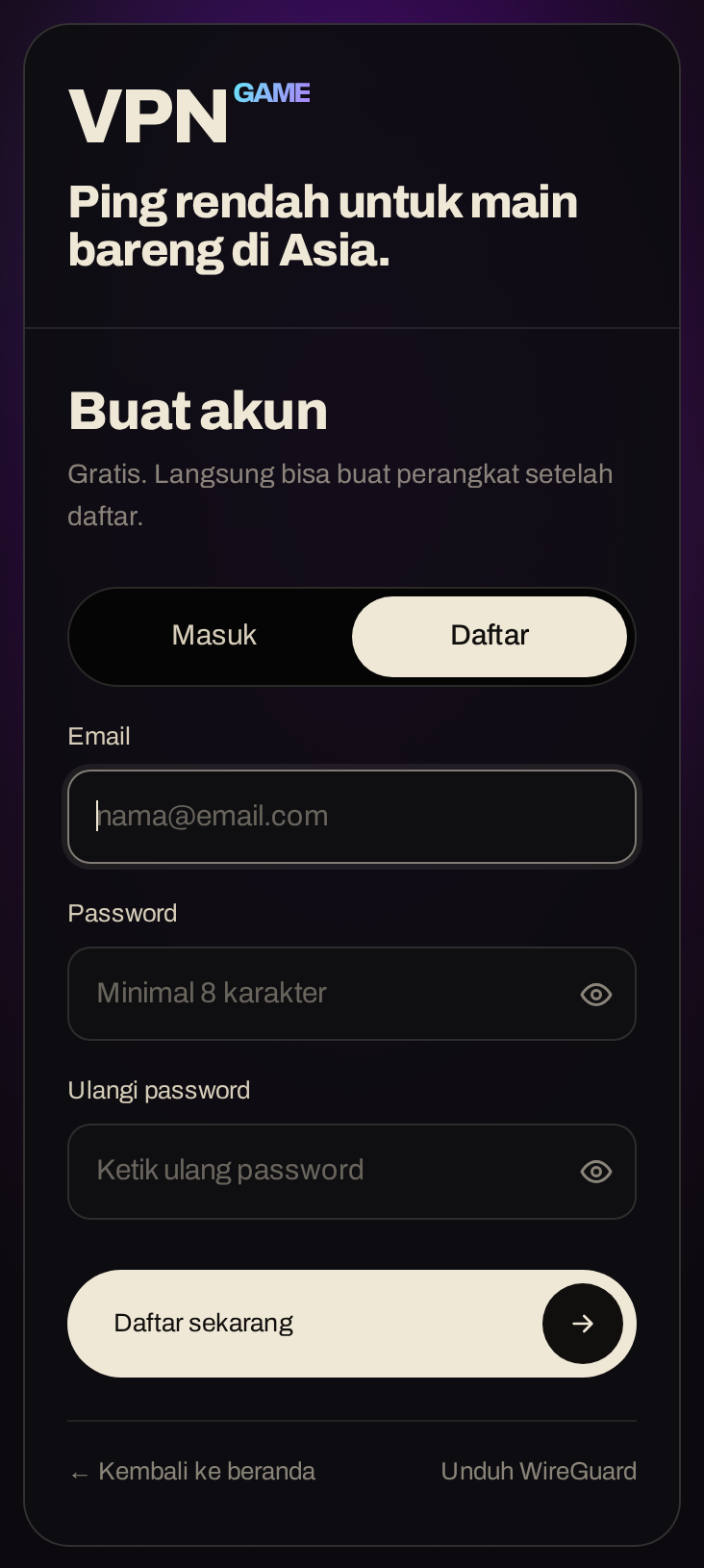 Halaman daftar dengan kolom email, password, dan ulangi password