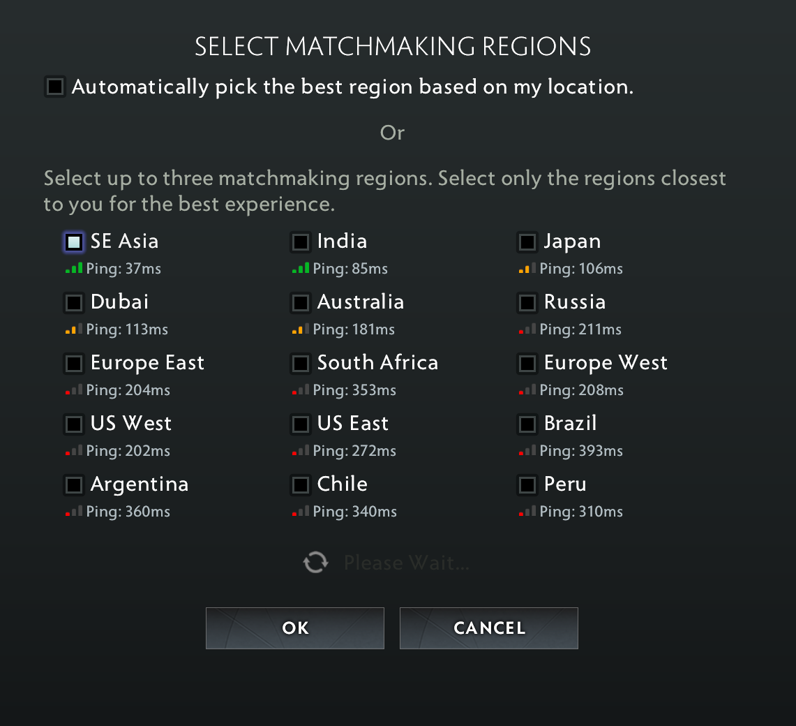 Menu Select Matchmaking Regions di Dota 2 dengan ping SE Asia 37 ms