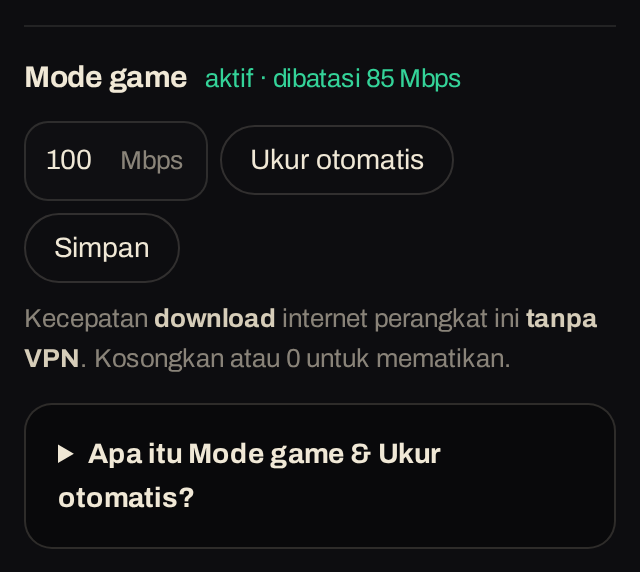 Bagian Mode game dengan kolom Mbps, tombol Ukur otomatis, dan Simpan