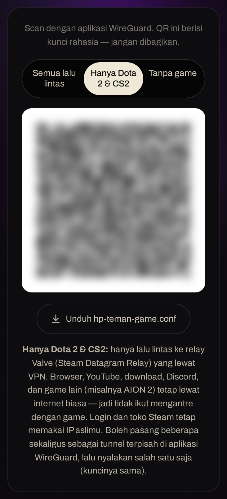 Tiga tab mode di atas QR: Semua lalu lintas, Hanya Dota 2 & CS2, Tanpa game